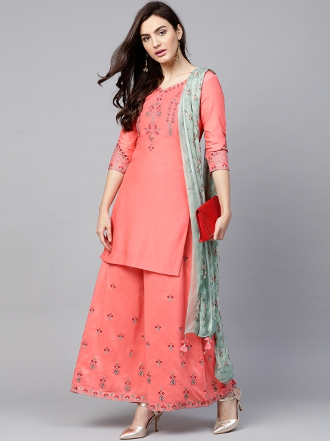

Saree mall Peach-Coloured & Grey Embroidered Unstitched Dress Material