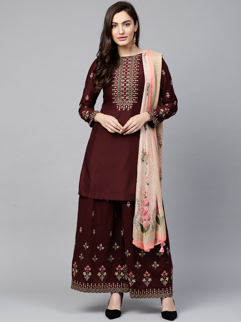 

Saree mall Maroon & Pink Unstitched Dress Material