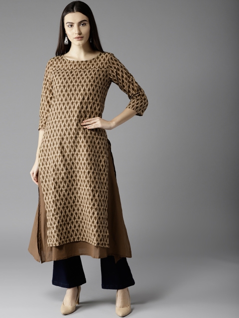 

HERE&NOW Women Olive Green & Brown Printed A-Line Kurta