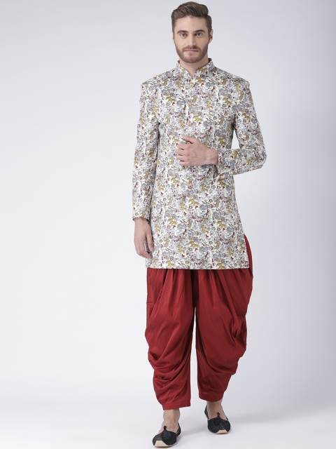 

Hangup Men White & Maroon Printed Sherwani with Dhoti Pants