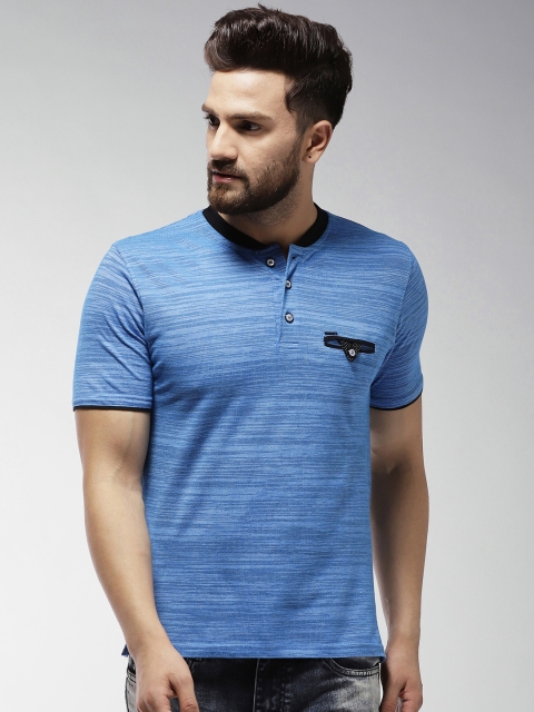 

Okane Men Blue Striped Mandarin Collar T-shirt