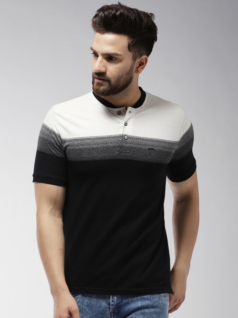 

Okane Men Black & White Striped Mandarin Collar T-shirt