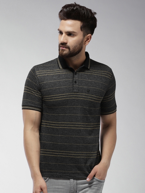 

Okane Men Charcoal Grey & Yellow Striped Polo Collar T-shirt