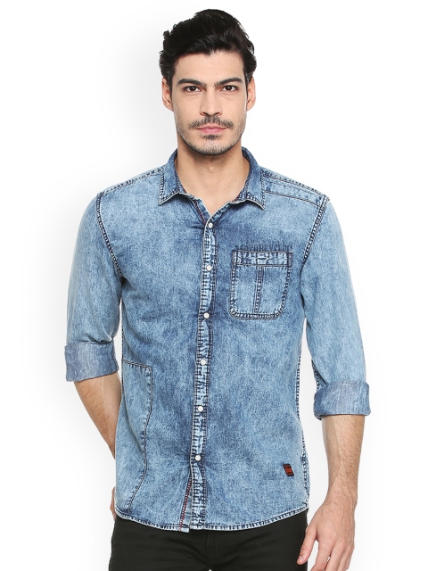 

People Men Blue Regular Fit Faded Casual Denim Shirt