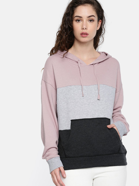 

AMERICAN EAGLE OUTFITTERS Women Pink & Grey Colourblocked Hooded Sweatshirt