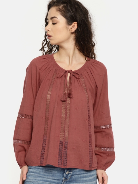 

AMERICAN EAGLE OUTFITTERS Women Burgundy Tie-Up Neck Pure Cotton Top