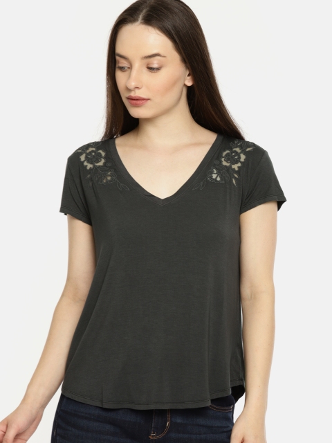 

AMERICAN EAGLE OUTFITTERS Women Charcoal Solid High-Low Top