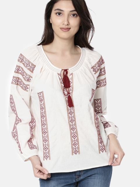 

AMERICAN EAGLE OUTFITTERS Women Off-White Self Design Top