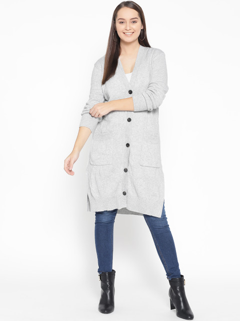 

AMERICAN EAGLE OUTFITTERS Women Grey Melange Solid Longline Cardigan