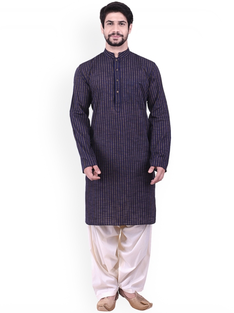 

Manyavar Men Blue & Brown Striped Straight Kurta