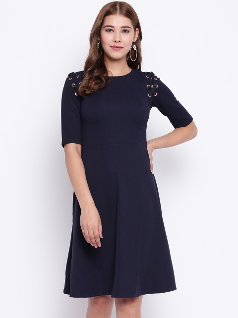 

Madame Women Navy Blue Solid Fit and Flare Dress