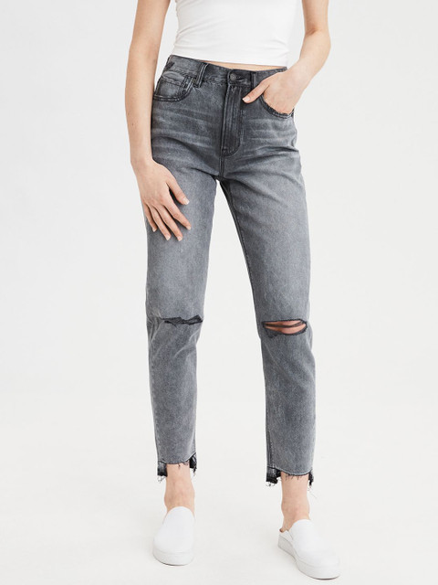 

AMERICAN EAGLE OUTFITTERS Women Grey Regular Fit Mid-Rise Slash Knee Stretchable Jeans
