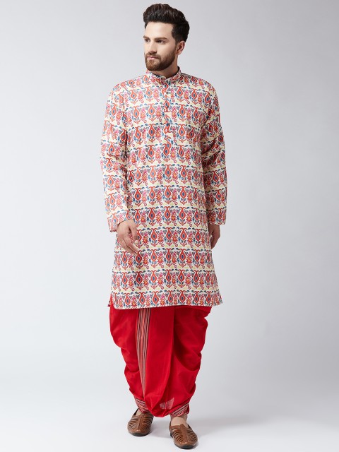 

SOJANYA Men Beige & Red Printed Kurta with Dhoti Pants