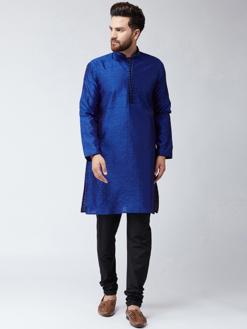 

SOJANYA Men Navy Blue & Black Self Design Kurta with Churidar