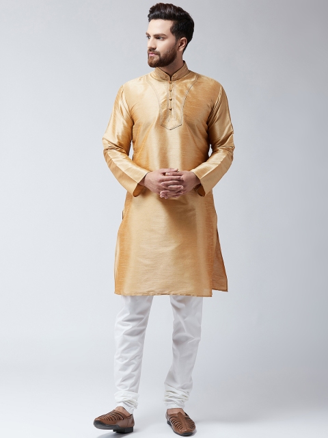 

SOJANYA Men Gold-Toned & Off-White Self Design Kurta with Churidar