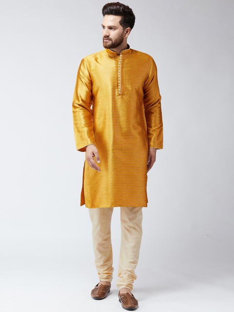 

SOJANYA Men Mustard Yellow & Beige Self Design Kurta with Churidar