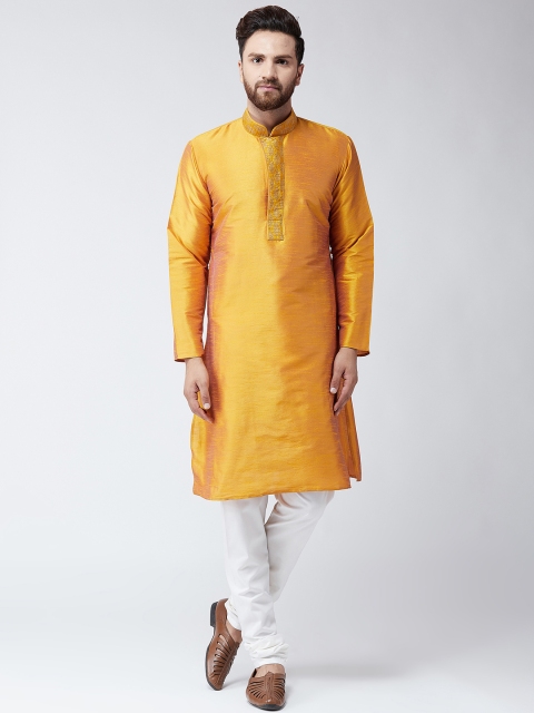 

SOJANYA Men Mustard Yellow & Off-White Self Design Kurta with Churidar