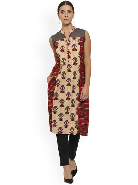 

Soch Women Beige & Maroon Printed Straight Kurta