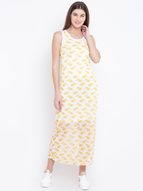 

Global Desi Off-White & Mustard Yellow Elephant Printed Maxi Dress