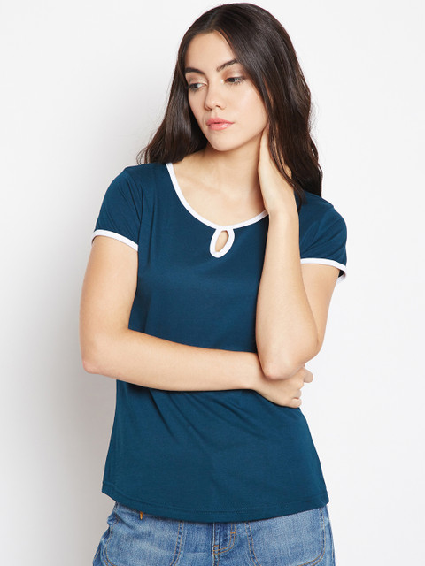 

The Dry State Women Teal Blue Solid Keyhole Neck T-shirt, Green