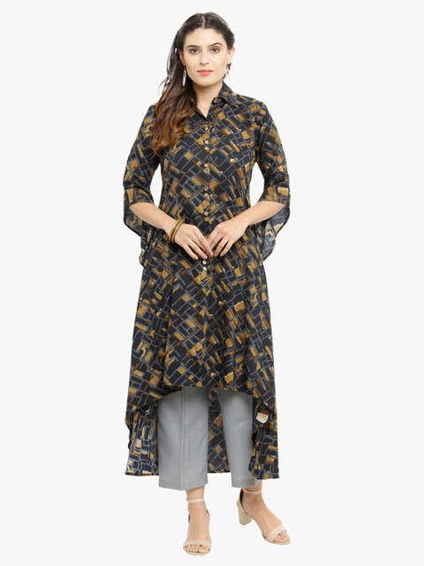 

Indibelle Women Black & Mustard Printed A-Line Kurta