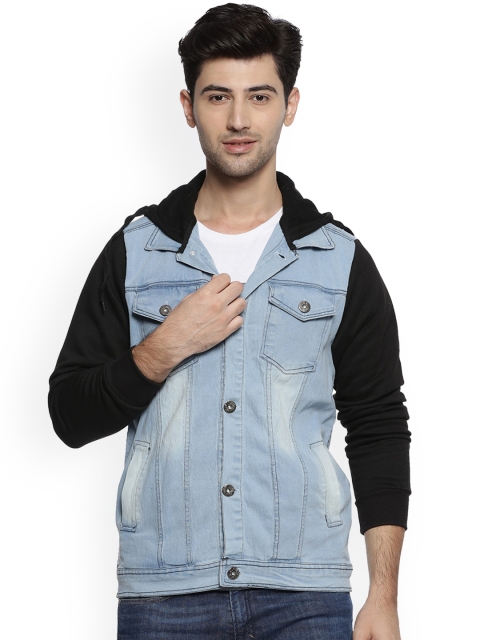 

Campus Sutra Men Blue & Black Colourblocked Hooded Denim Jacket