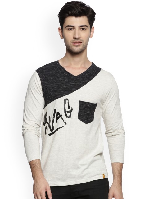 

Campus Sutra Men Cream-Coloured Printed V-Neck T-shirt