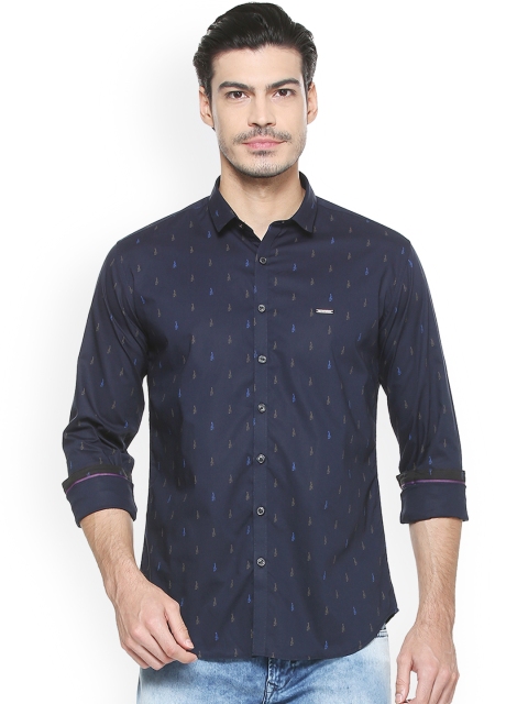 

V Dot Men Navy Blue Slim Fit Printed Casual Shirt