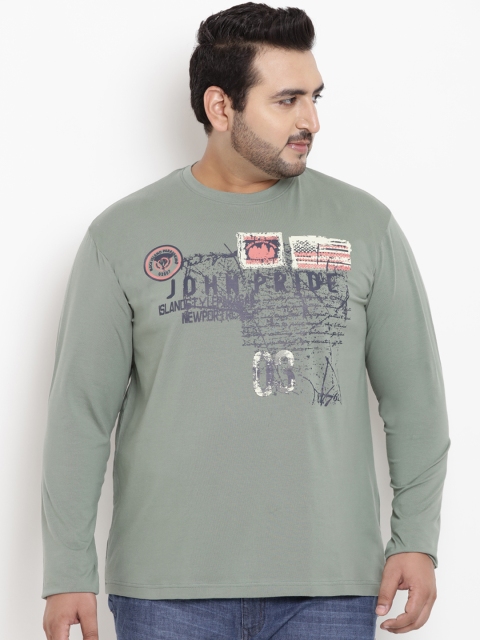 

John Pride Plus Size Men Green Printed Round Neck T-shirt