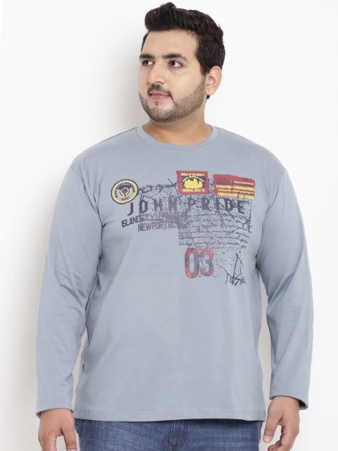 

John Pride Plus Size Men Blue Printed Round Neck T-shirt