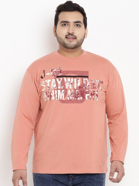 

John Pride Plus Size Men Peach-Coloured Printed Round Neck T-shirt