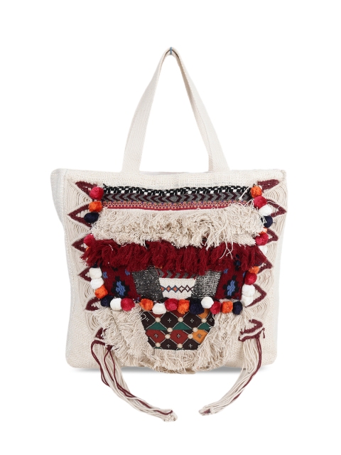 

Diwaah White & Multicoloured Embellished Tote Bag