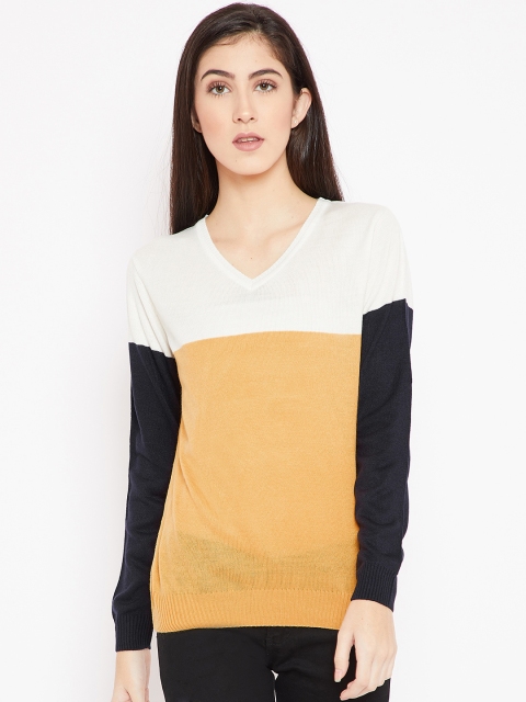 

Cayman Women Mustard Yellow & White Colourblocked Woollen Pullover