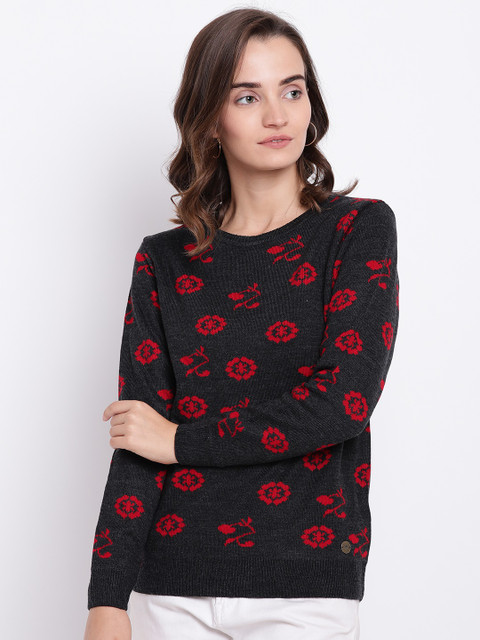 

Cayman Women Charcoal Grey & Red Woollen Self Design Pullover