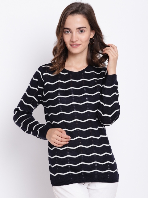 

Cayman Women Navy Blue & White Woollen Striped Pullover