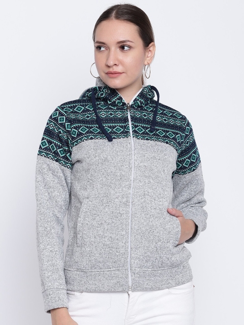 

Cayman Women Grey Melange & Navy Blue Self Design Hooded Sweatshirt