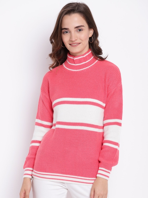 

Cayman Women Coral Pink & White Woollen Striped Pullover