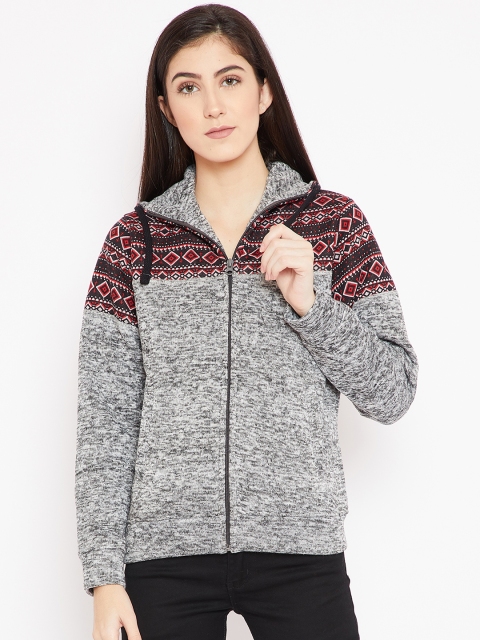 

Cayman Women Grey Melange & Black Self Design Hooded Sweatshirt