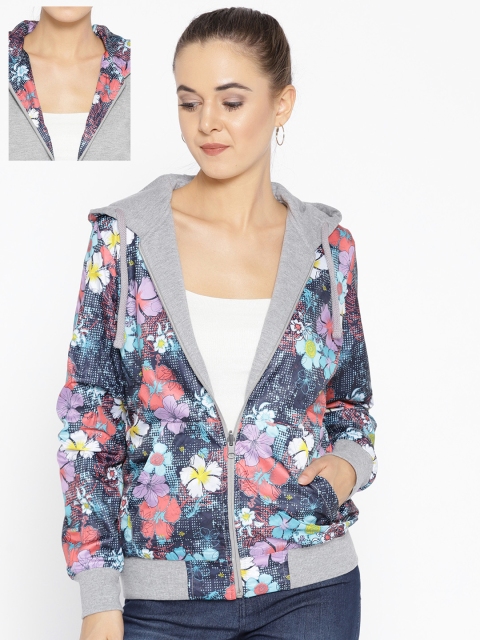 

Cayman Women Grey Melange Printed Hooded Reversible Sweatshirt
