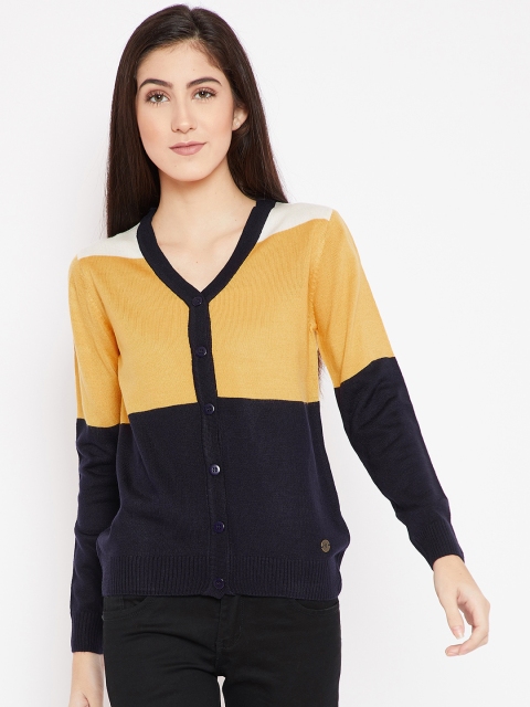 

Cayman Women Mustard Yellow & Navy Blue Colourblocked Cardigan