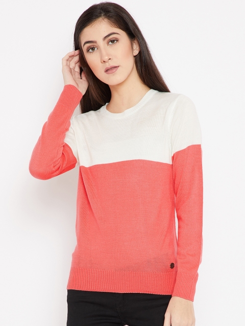 

Cayman Women Coral Pink & White Colourblocked Woollen Pullover