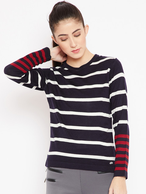 

Cayman Women Navy Blue & White Striped Woollen Pullover