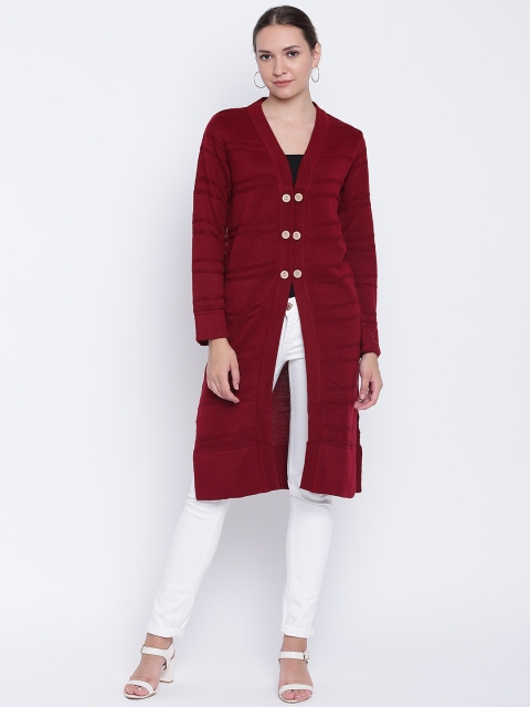 

Cayman Women Maroon Self-Striped Woollen Longline Cardigan