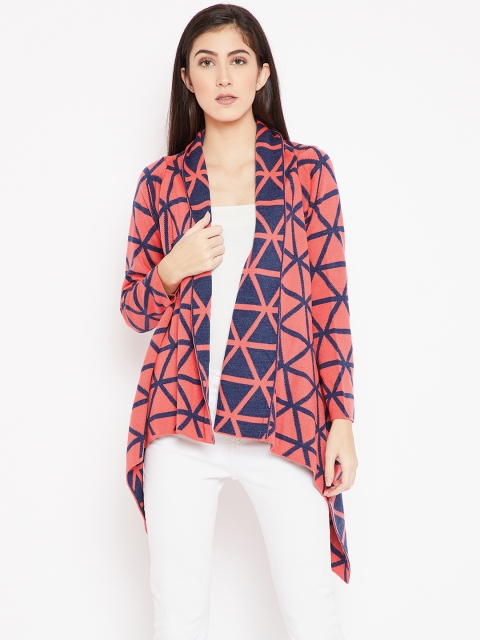 

Cayman Women Coral Pink & Navy Blue Self Design Front-Open Sweater