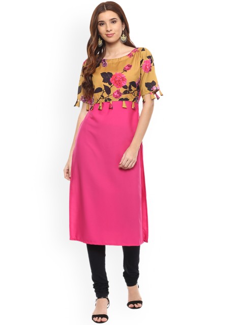 

Trend Factory Women Pink & Mustard Printed Straight Kurta