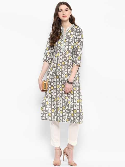 Varanga Women Grey & White Printed Kurta with Trousers