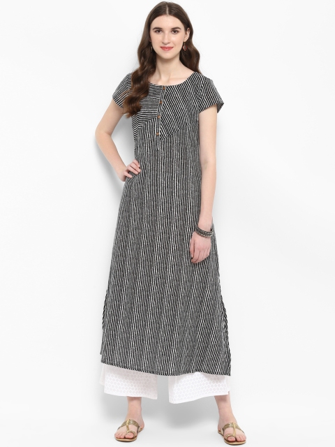 

Varanga Black Stripe Print A Line Kurta With White Khadi Print Palazzo.