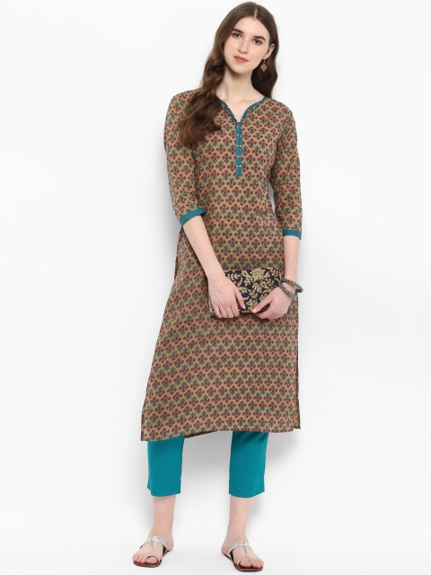 

Varanga Women Taupe & Teal Printed Kurta with Trousers