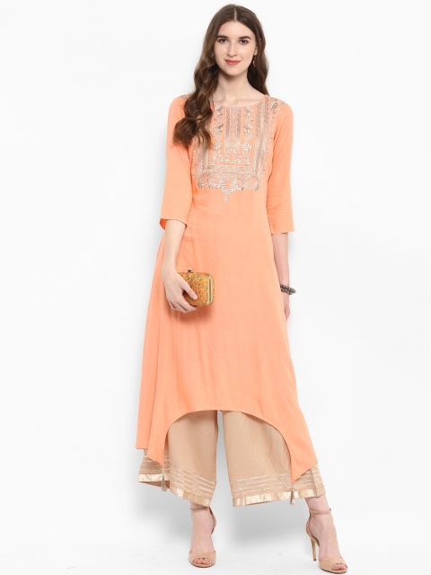

Varanga Peach Embroidered A Line Kurta With Beige Gota Straight Palazzo