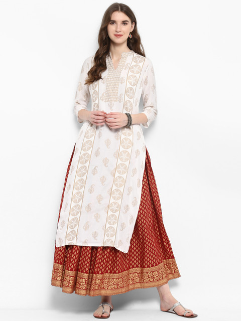 

Varanga Women White & Red Printed Kurta with Skirt